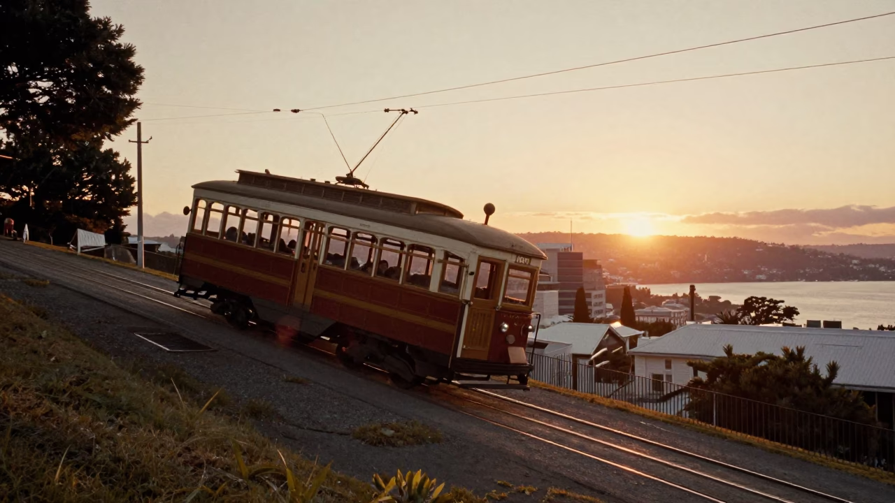 Vintage Film Photo of Wellington New Zealand Tram Climbing steep Hill at Sunset in in Wellington, New Zealand