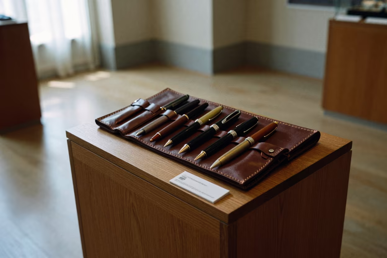 Vintage Fountain Pens in Leather Roll on Museum Plinth in on a museum plinth near Tobruk