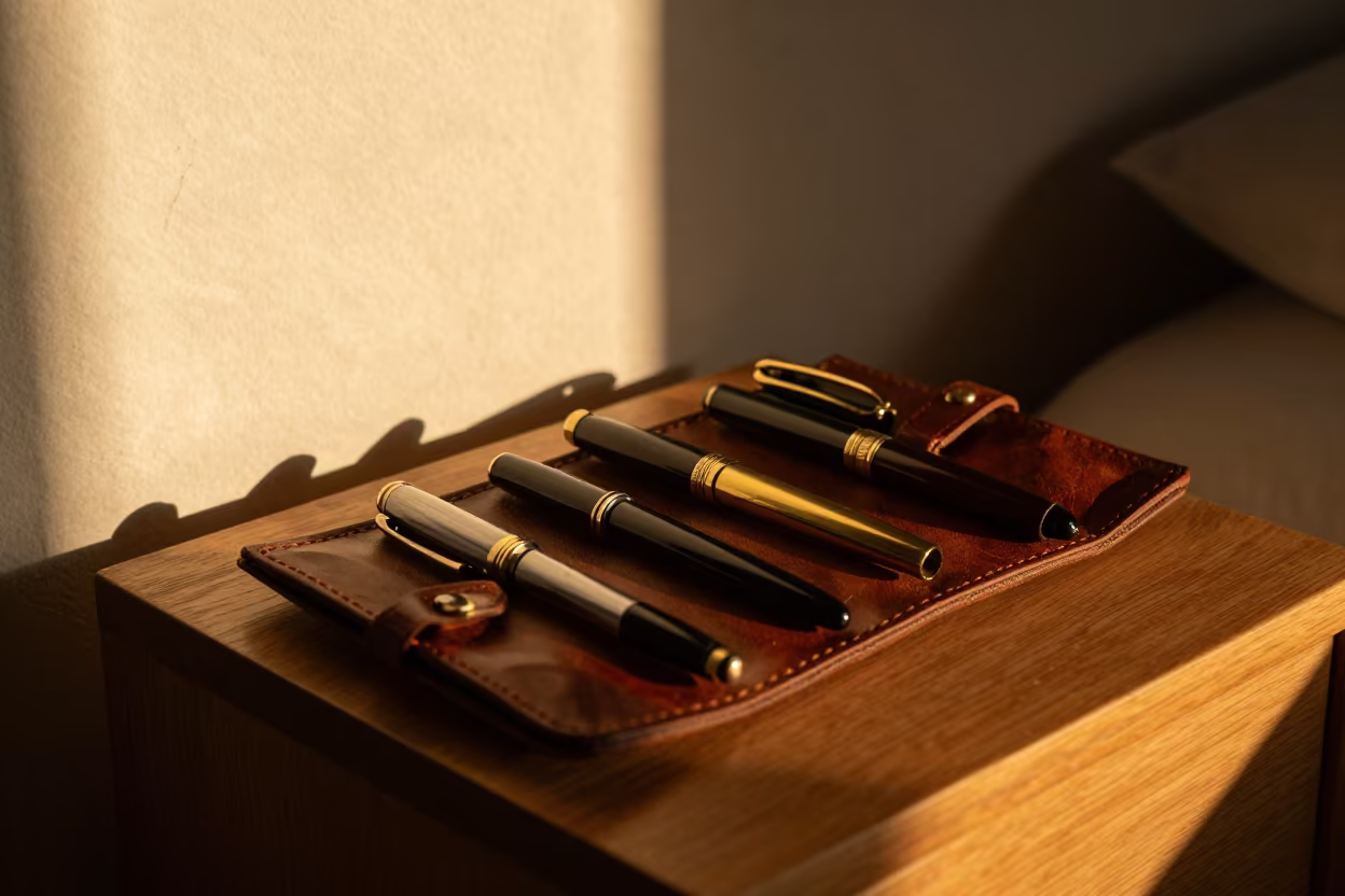 Vintage Fountain Pens in Leather Roll in on a bedside table near Hamburg