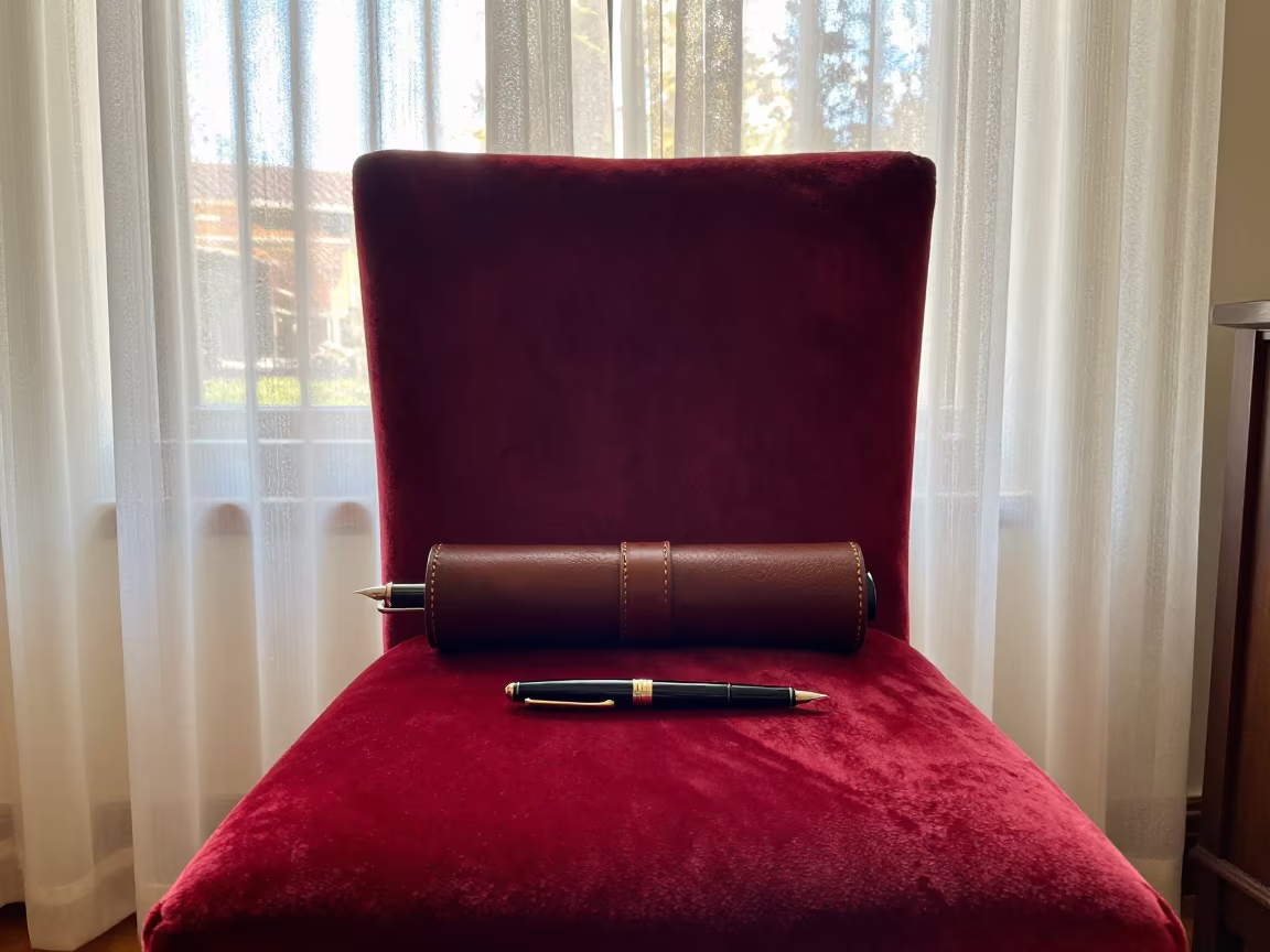 Vintage Fountain Pens on Velvet Chair in on a velvet chair in Damanhur
