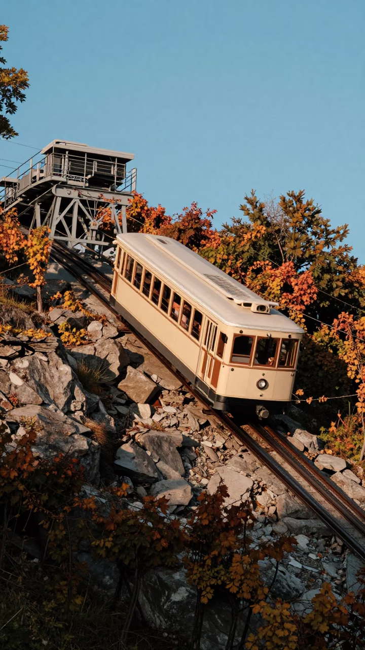 Vintage Funicular Car Ascending Hillside in Quebec City During Late Afternoon Light in in Quebec City, Quebec, Canada
