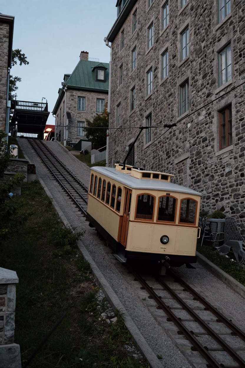 Vintage Funicular Climbing Steep Hill in Early Evening Quebec City Canada in in Quebec City, Quebec, Canada