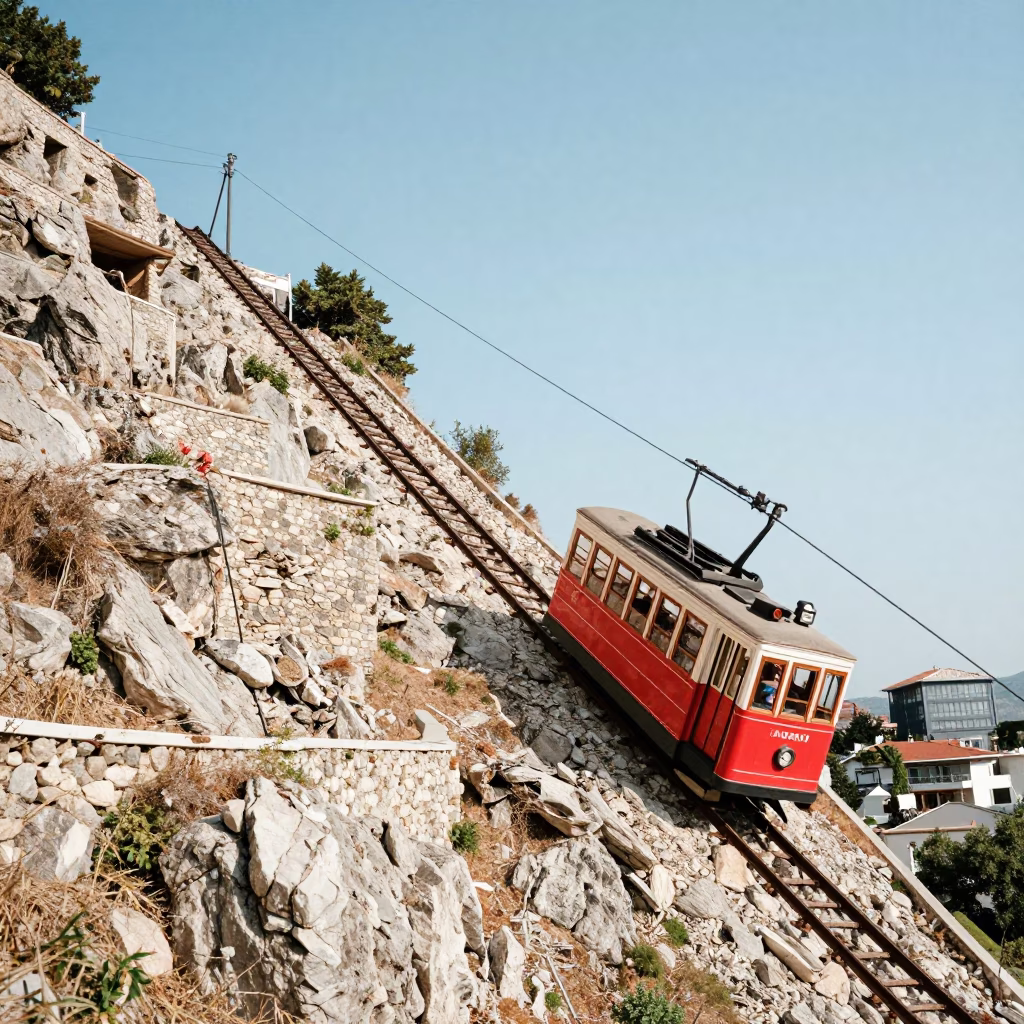 Vintage Funicular Climbing Steep Izmir Hill in Bright Midmorning Light in in Izmir, Turkey