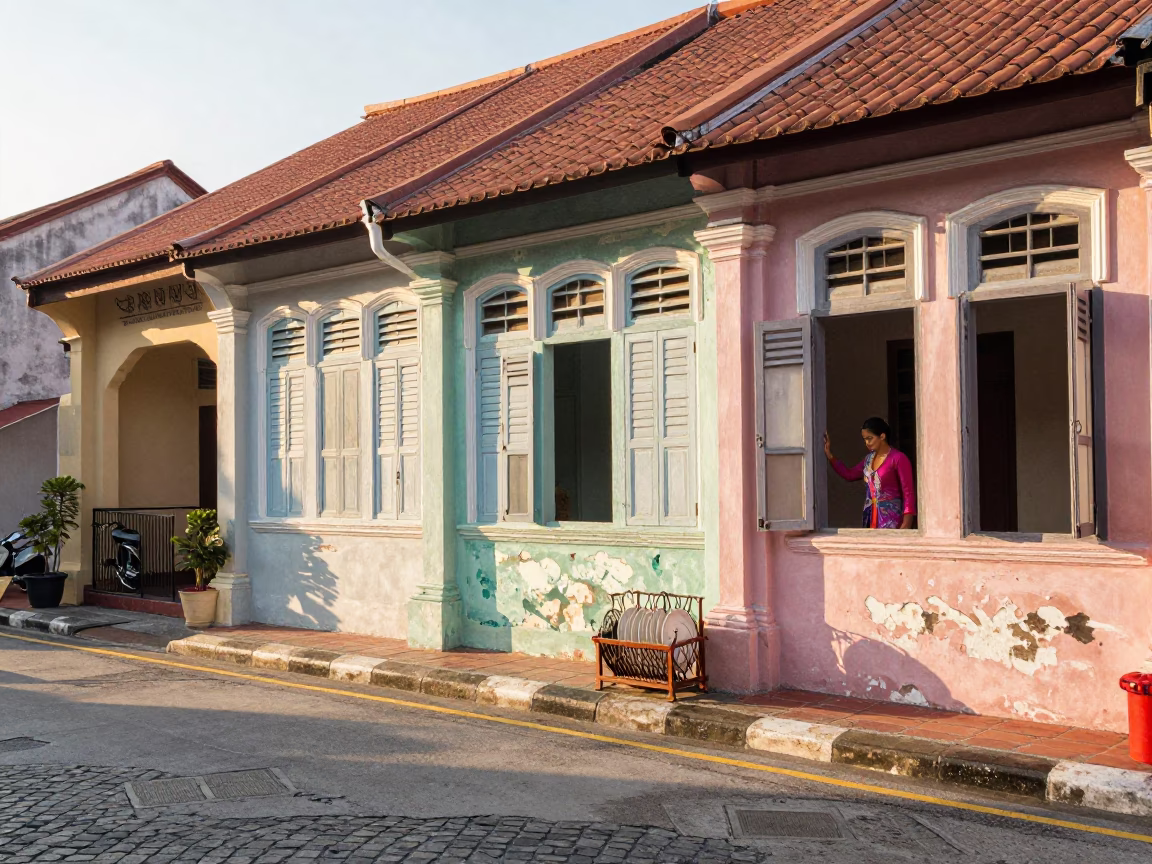 Vintage George Town Malaysia Morning Street Scene with Dish Rack and Oil Lamp in in George Town, Malaysia