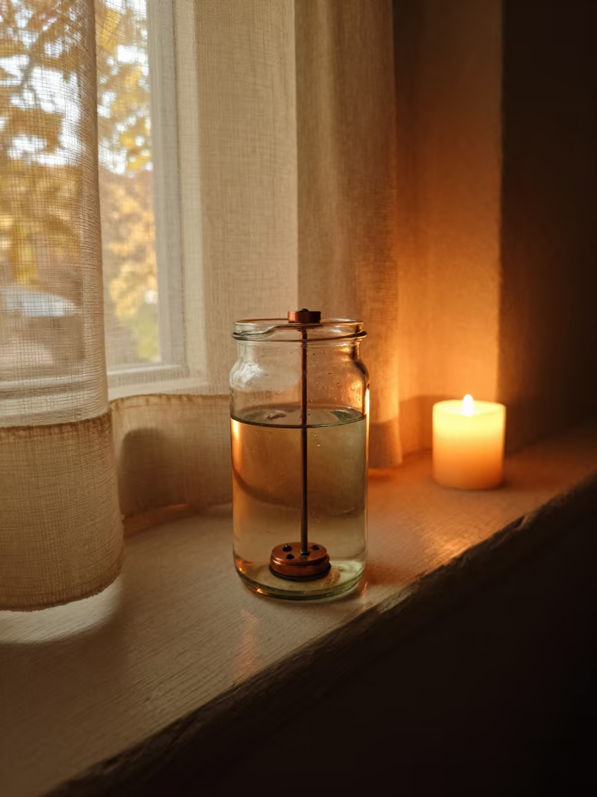Vintage Glass Battery Jar Copper Electrodes Candlelight in on a painted display ledge near Körfez