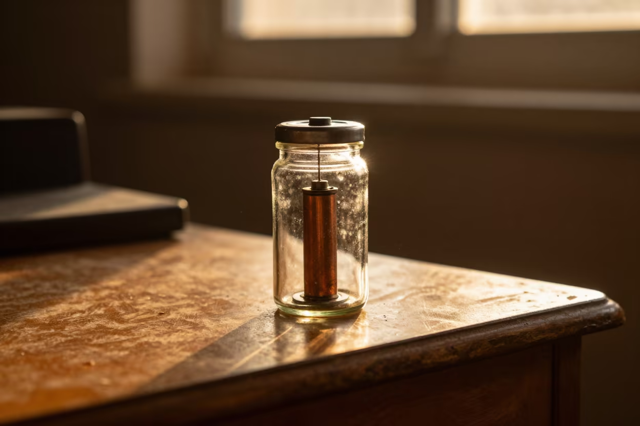 Vintage Glass Battery Jar with Copper Electrodes in on a writing desk in Kabul