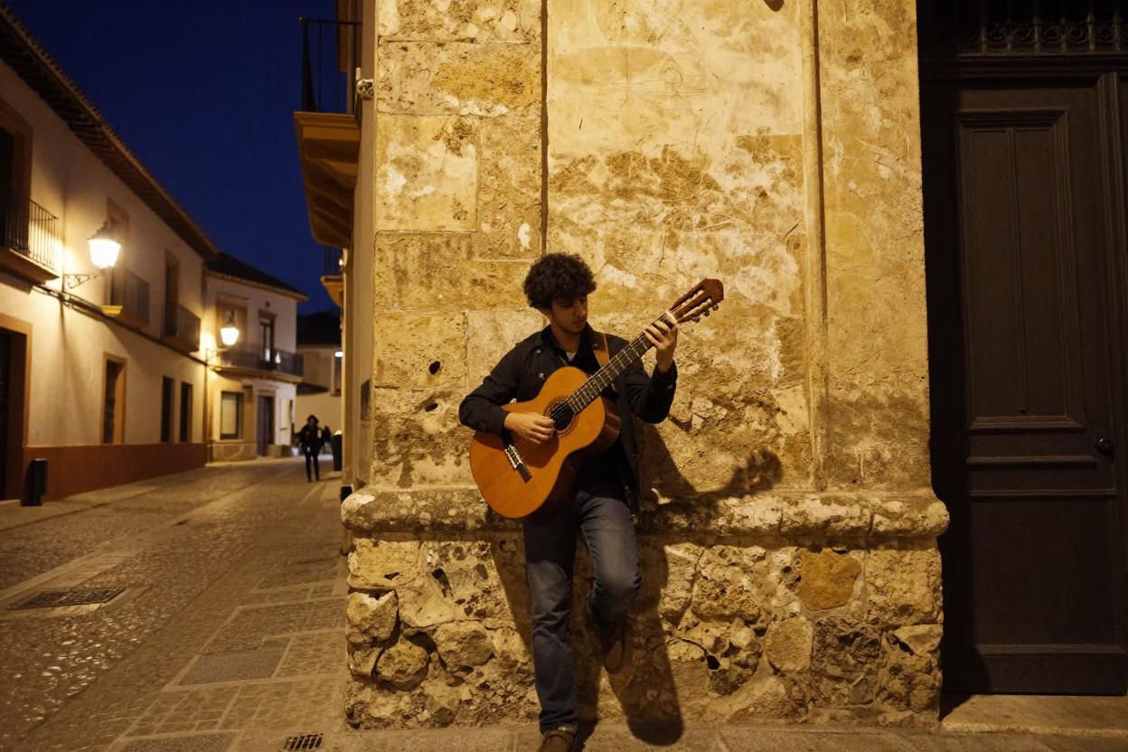 Vintage Granada Night Street Scene with Guitar and Local Interaction in in Granada, Spain