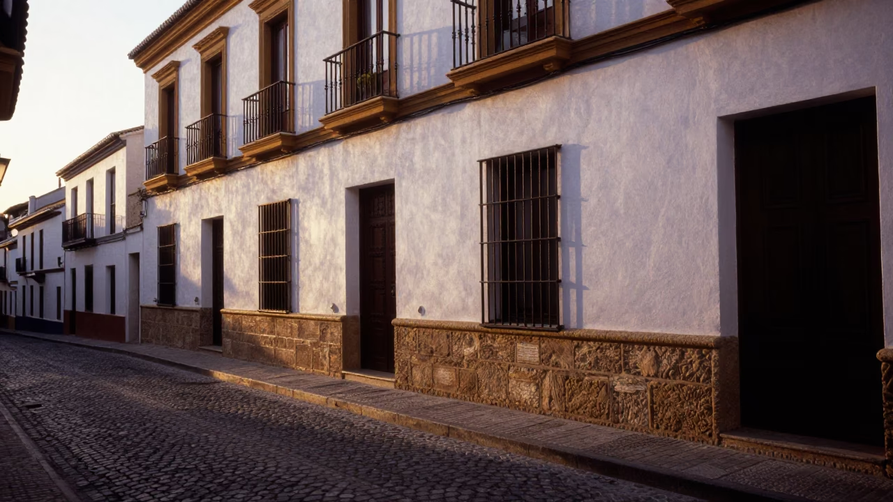 Vintage Granada Spain Street Scene Early Morning Light on Cobblestone Plaza in in Granada, Spain