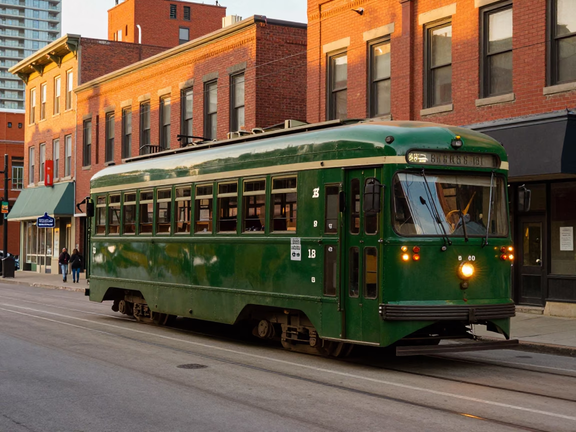 Vintage Green Heritage Streetcar Moving Along Queen Street West in Toronto During Golden Hour in in Toronto, Ontario, Canada