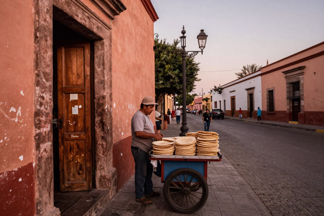 Vintage Guadalajara Street Scene Before Dusk with Paint Flecks and Medal Ribbon in in Guadalajara, Mexico