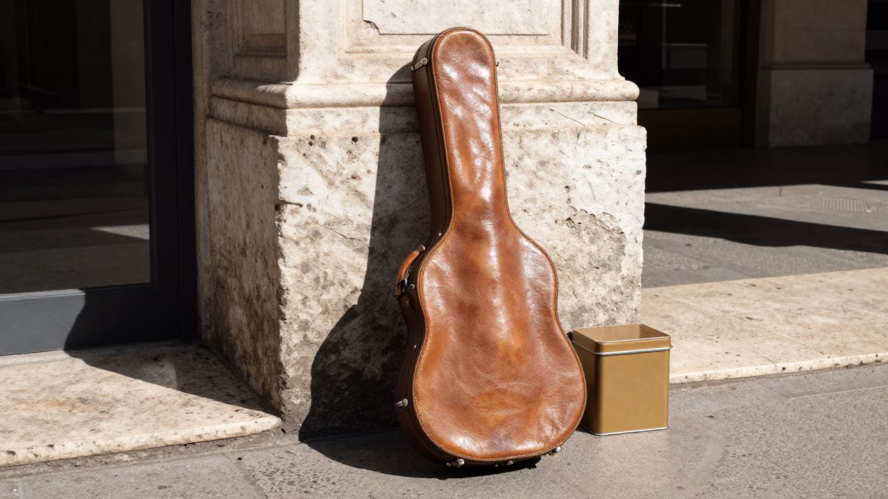 Vintage Guitar Case and Biscuit Tin on Milan Street Corner Under Noon Sun in in Milan, Italy