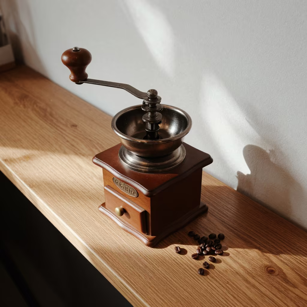Vintage Hand Crank Coffee Grinder Belgrade Cafe in at a coffee bar counter in Belgrade