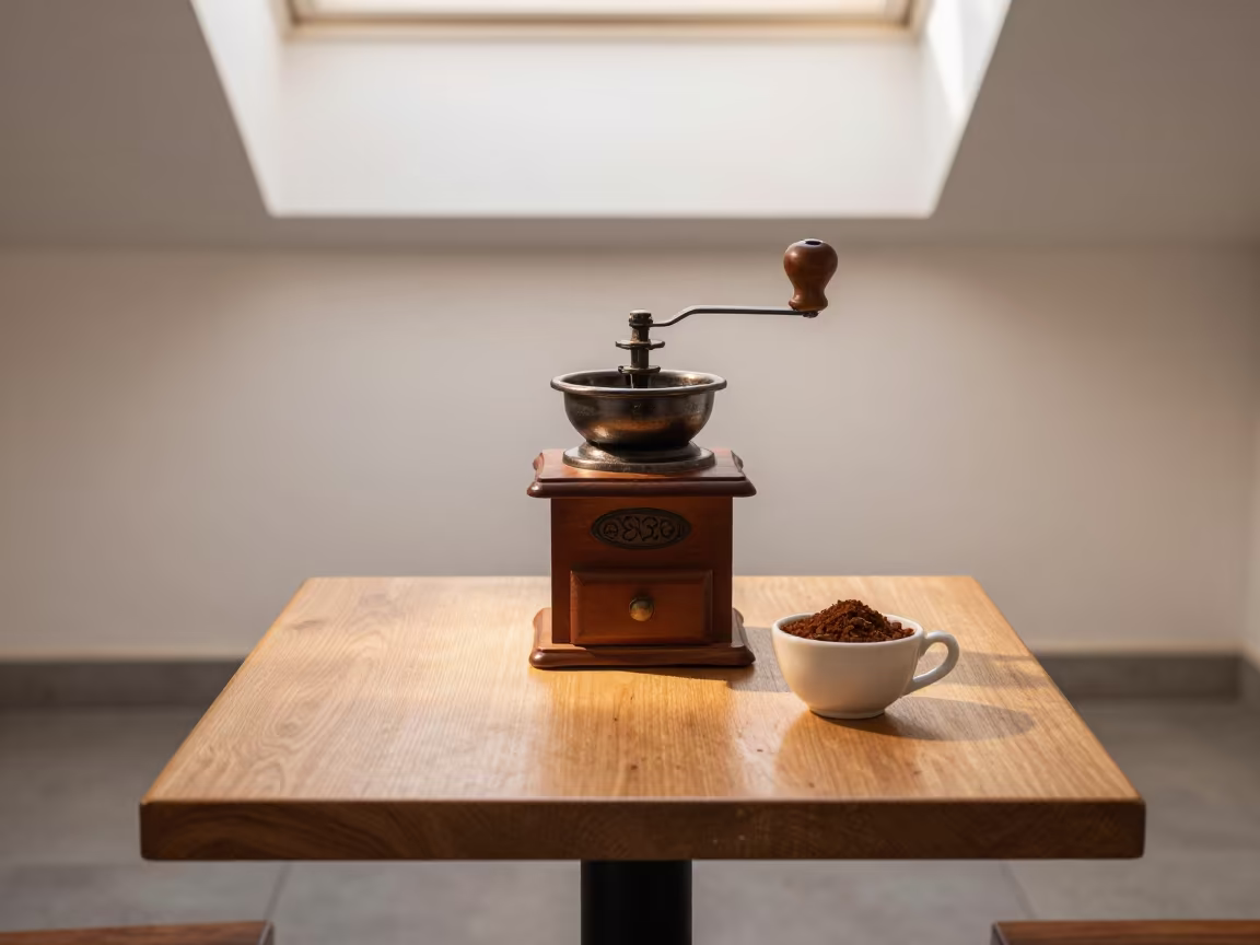 Vintage Hand-Crank Coffee Grinder on Cafe Table in on a small cafe table by a window in Rabat