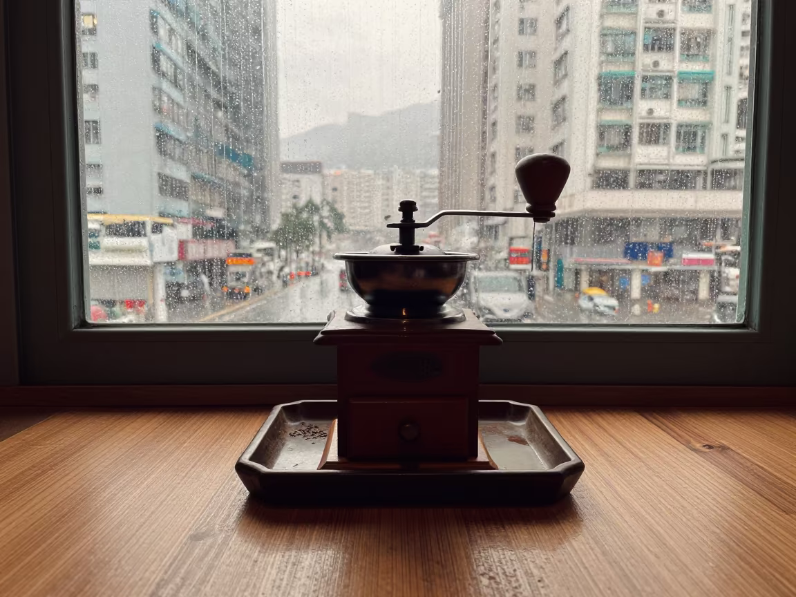 Vintage Hand-Crank Coffee Grinder Hong Kong Tea House in on a tea house tray in Hong Kong