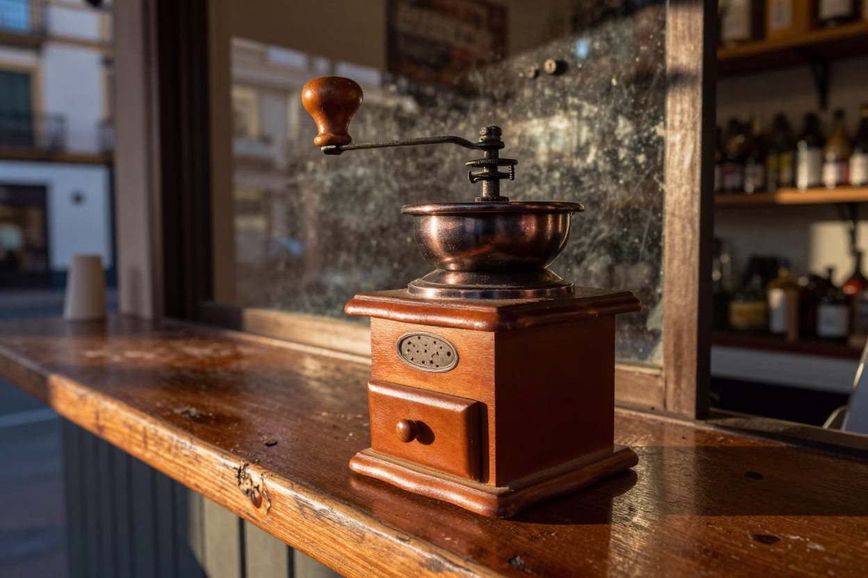 Vintage hand-crank coffee grinder on cafe counter in Valencia Spain before dusk in in Valencia, Spain