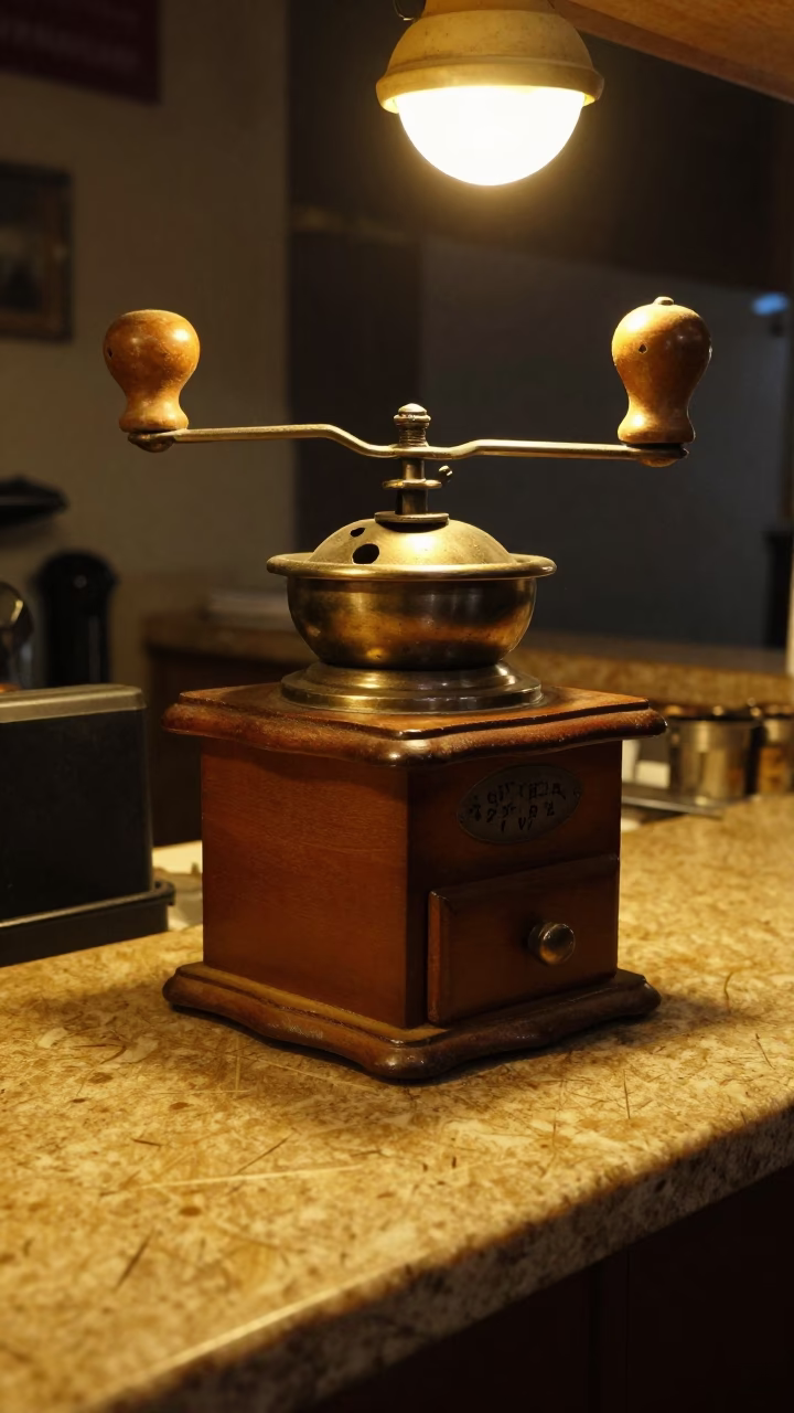 Vintage Hand-Crank Coffee Grinder on Cairo Cafe Counter at Night in in Cairo, Egypt