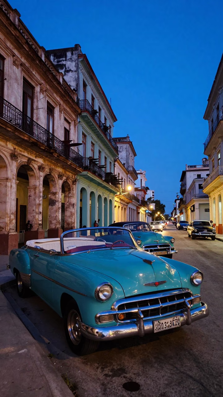 Vintage Havana Cuba Evening Street Scene with Classic Cars and Local Life in in Havana, Cuba
