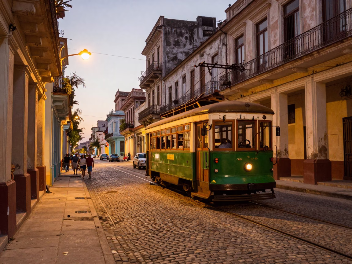 Vintage Havana Cuba Evening Street Scene with Heritage Tram and Cobblestone Avenue in in Havana, Cuba