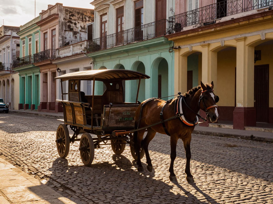 Vintage Havana Cuba Golden Hour Street Scene with Horse Drawn Cart and Colonial Architecture in in Havana, Cuba