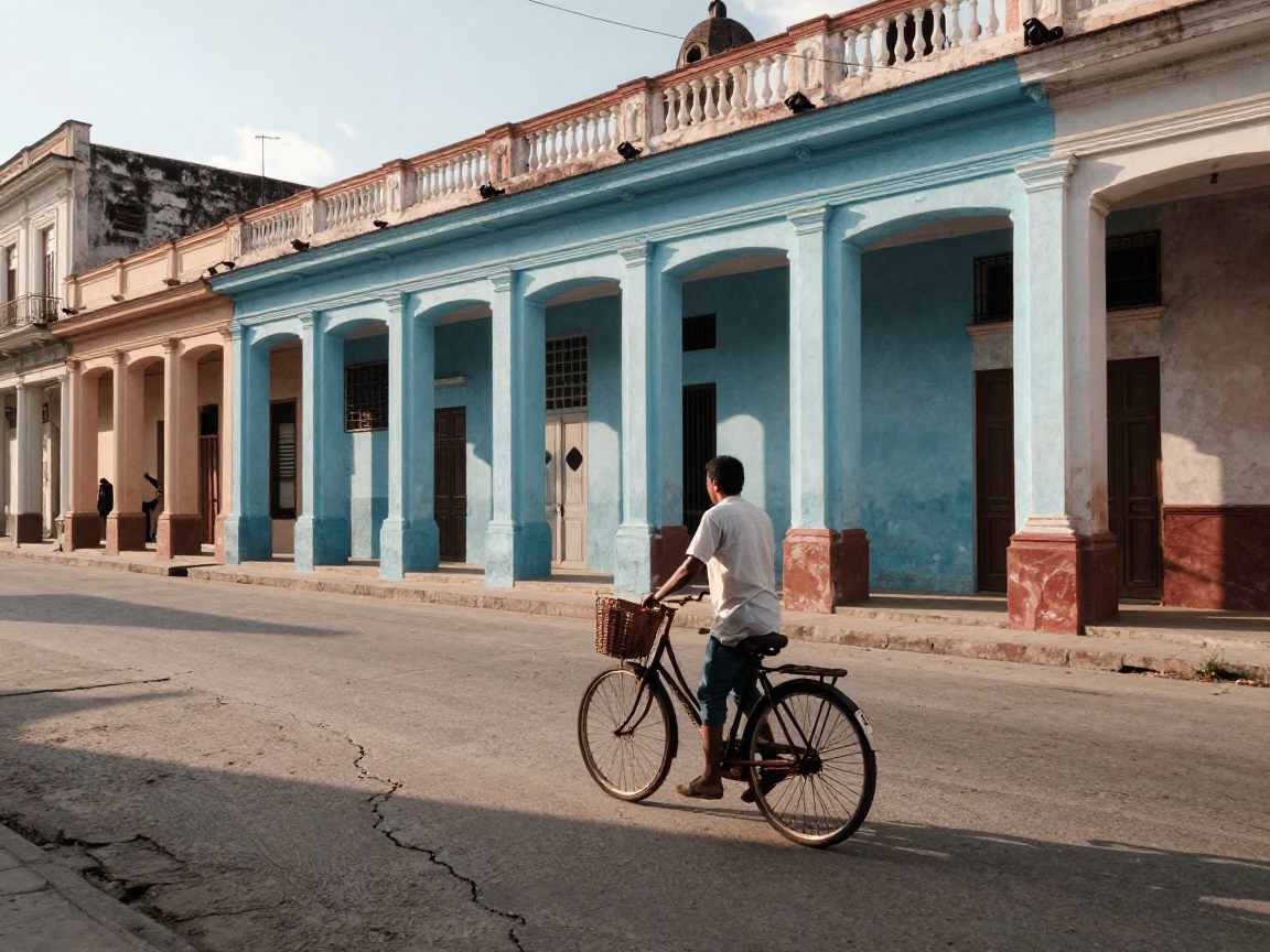 Vintage Havana Cuba Morning Light Street Scene with Bicycle and Tram in in Havana, Cuba