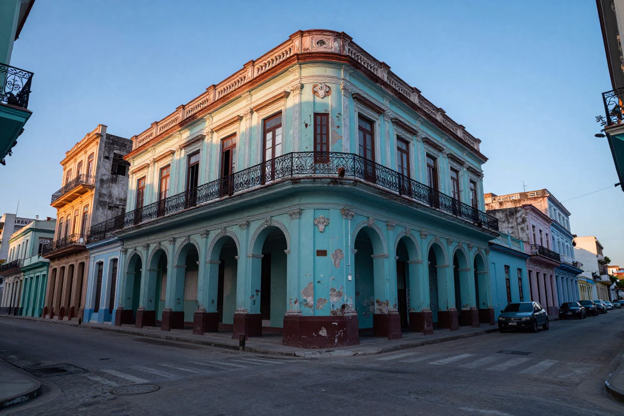 Vintage Havana Cuba Morning Street Scene with Colorful Architecture and Local Life Before Sunrise in in Havana, Cuba