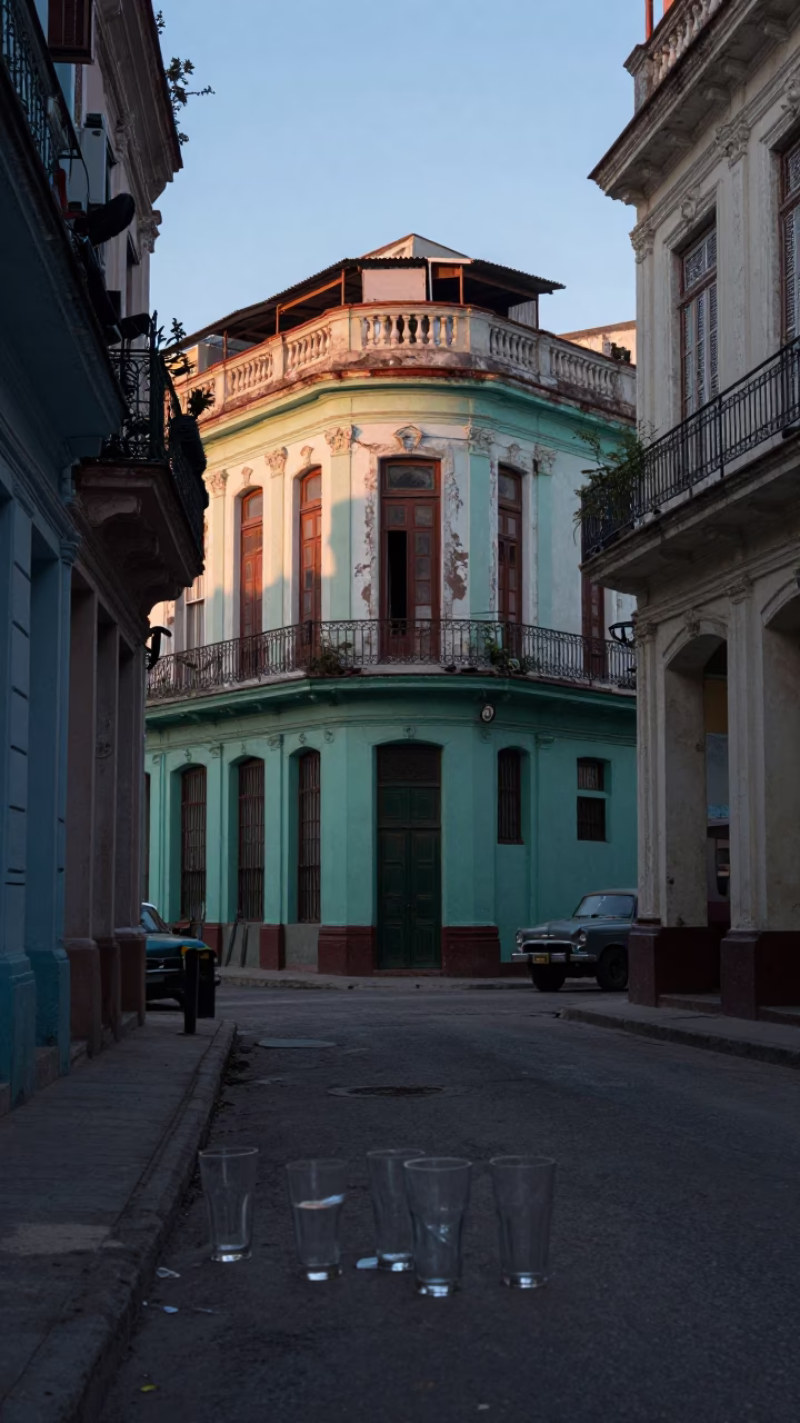 Vintage Havana Cuba Pre-Dawn Street Scene with Glass Tumblers and Morning Light in in Havana, Cuba