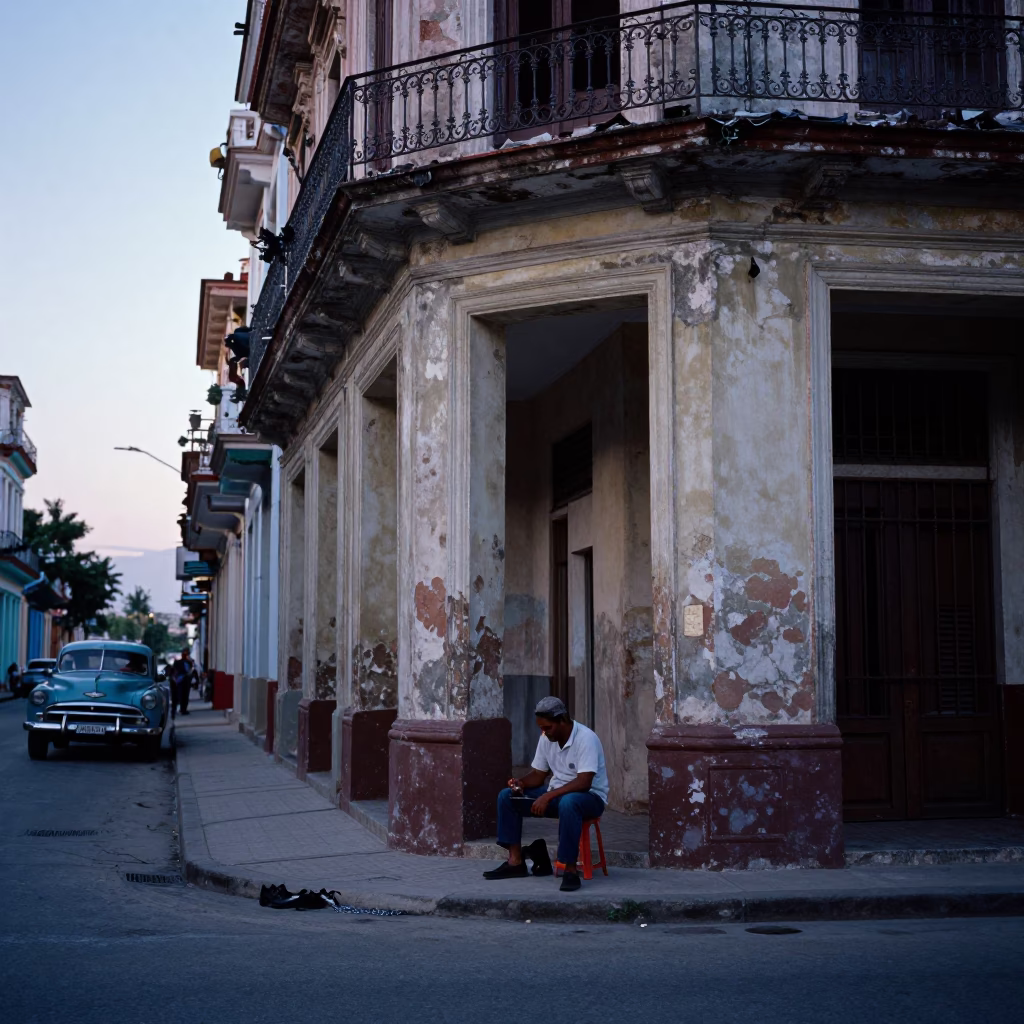 Vintage Havana Cuba Street Scene Before Sunrise with Shoe Shine and Local Interaction in in Havana, Cuba