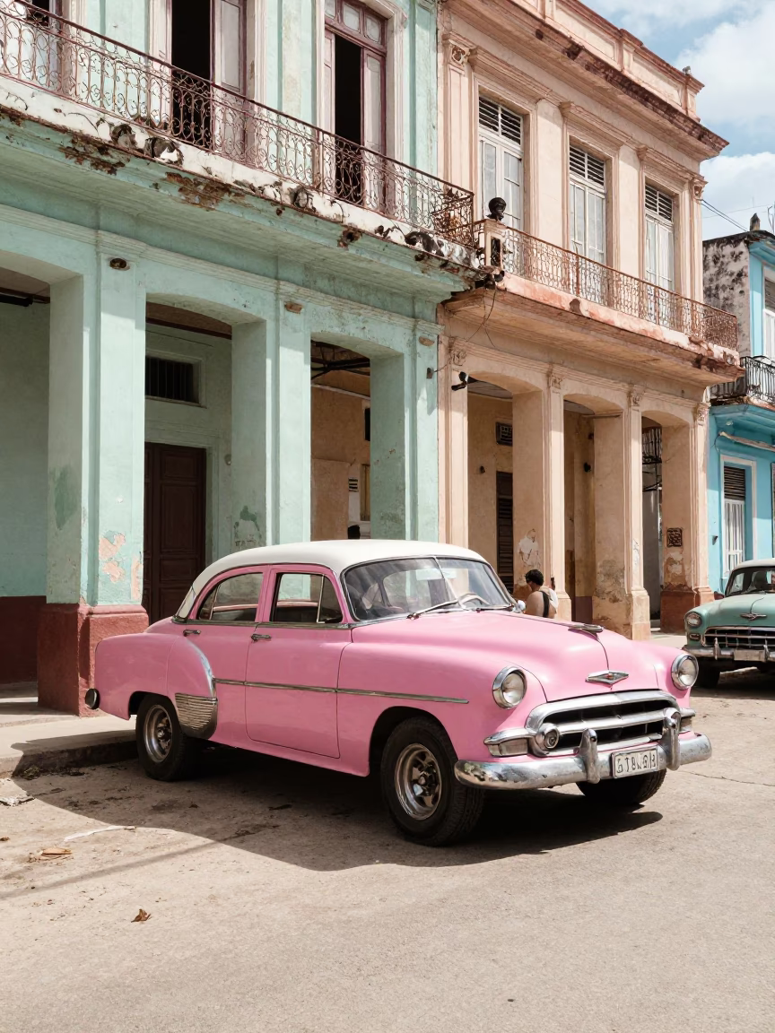 Vintage Havana Cuba Street Scene with Colorful Classic Car and Local Vendor in in Havana, Cuba