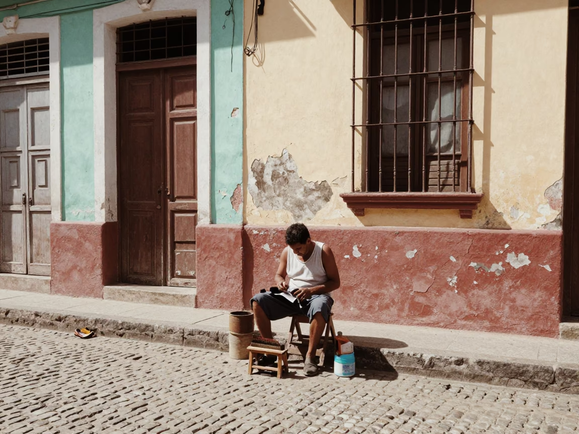 Vintage Havana Cuba Street Scene with Shoe Brush and Step Stool Under Noon Sun in in Havana, Cuba