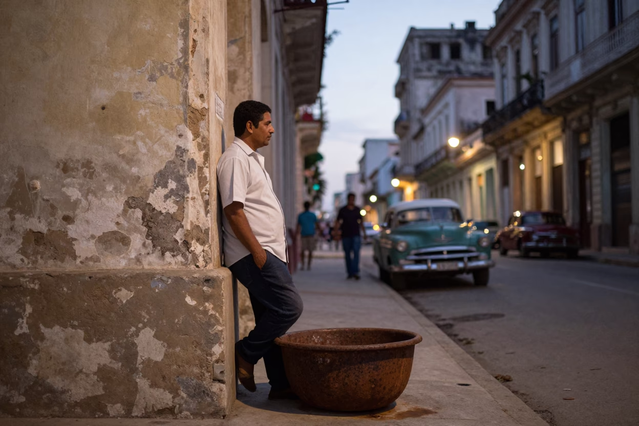 Vintage Havana Street Scene at Dusk with Rusty Basin and Woven Cane Textures in in Havana, Cuba