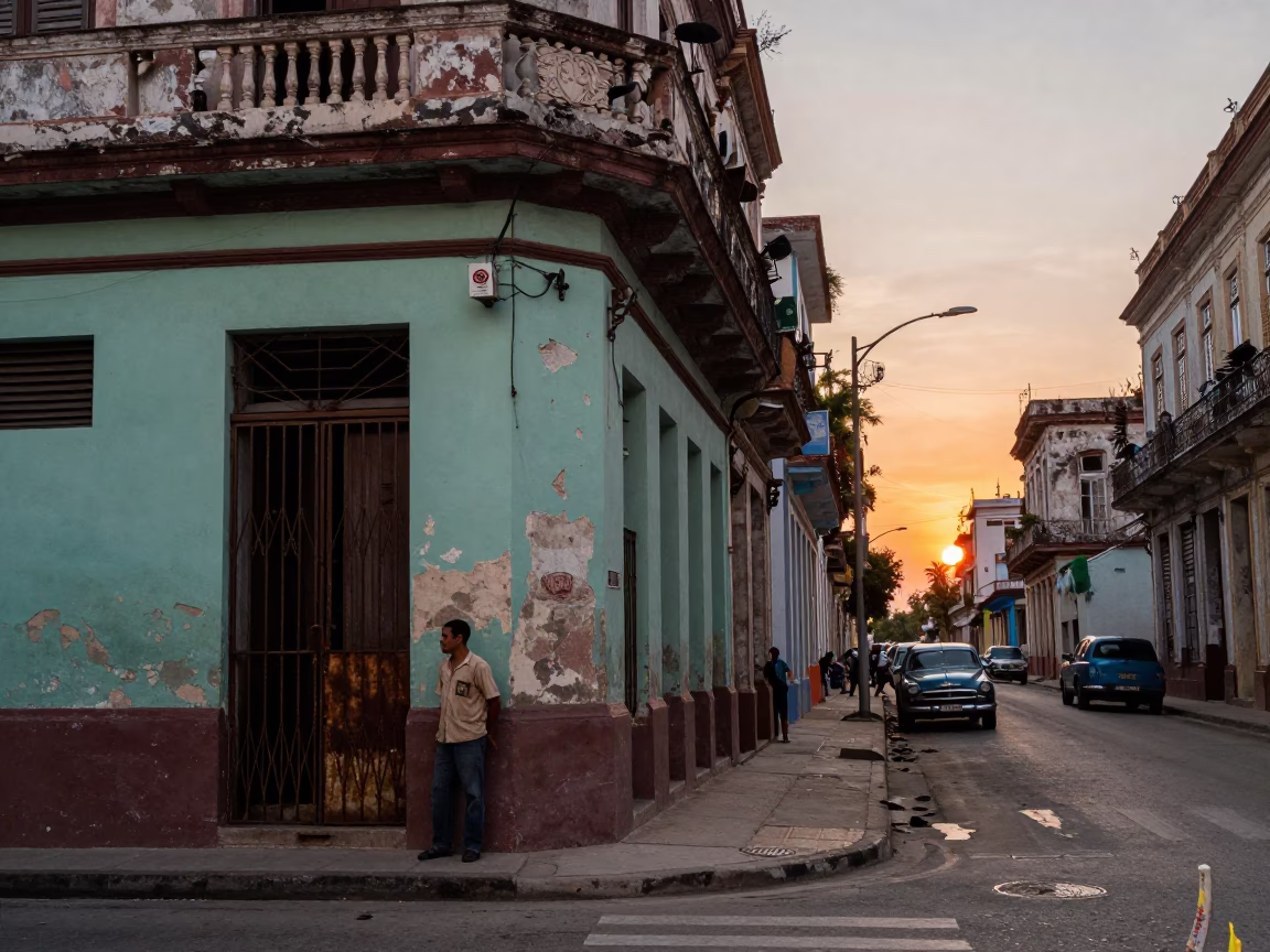 Vintage Havana Street Scene at Dusk with Weathered Architecture and Local Life in in Havana, Cuba