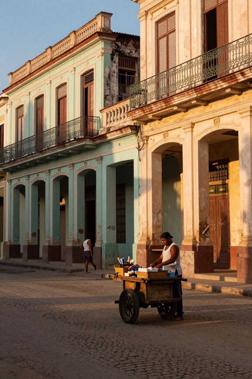 Vintage Havana Street Scene at Golden Hour with Local Market Activity in in Havana, Cuba