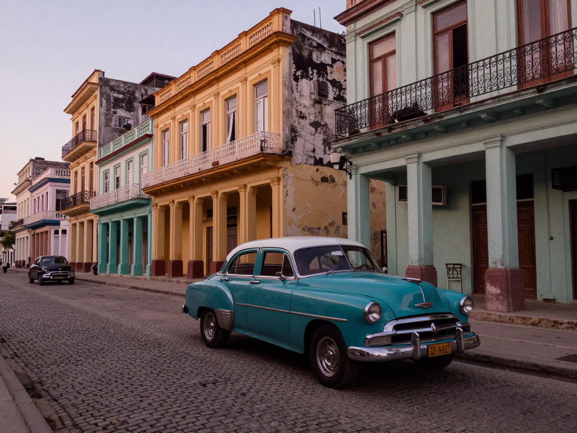Vintage Havana Street Scene at Nautical Dawn with Classic American Car and Cobblestone Architecture in in Havana, Cuba