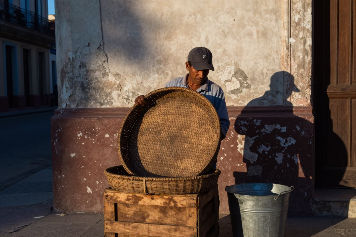 Vintage Havana Street Scene Blue Hour Wicker Tray and Metal Bucket in in Havana, Cuba