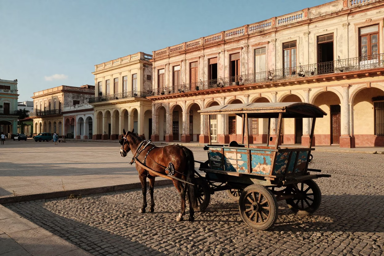 Vintage Havana Street Scene Late Afternoon with Horse Drawn Cart and Cobblestone Plaza in in Havana, Cuba
