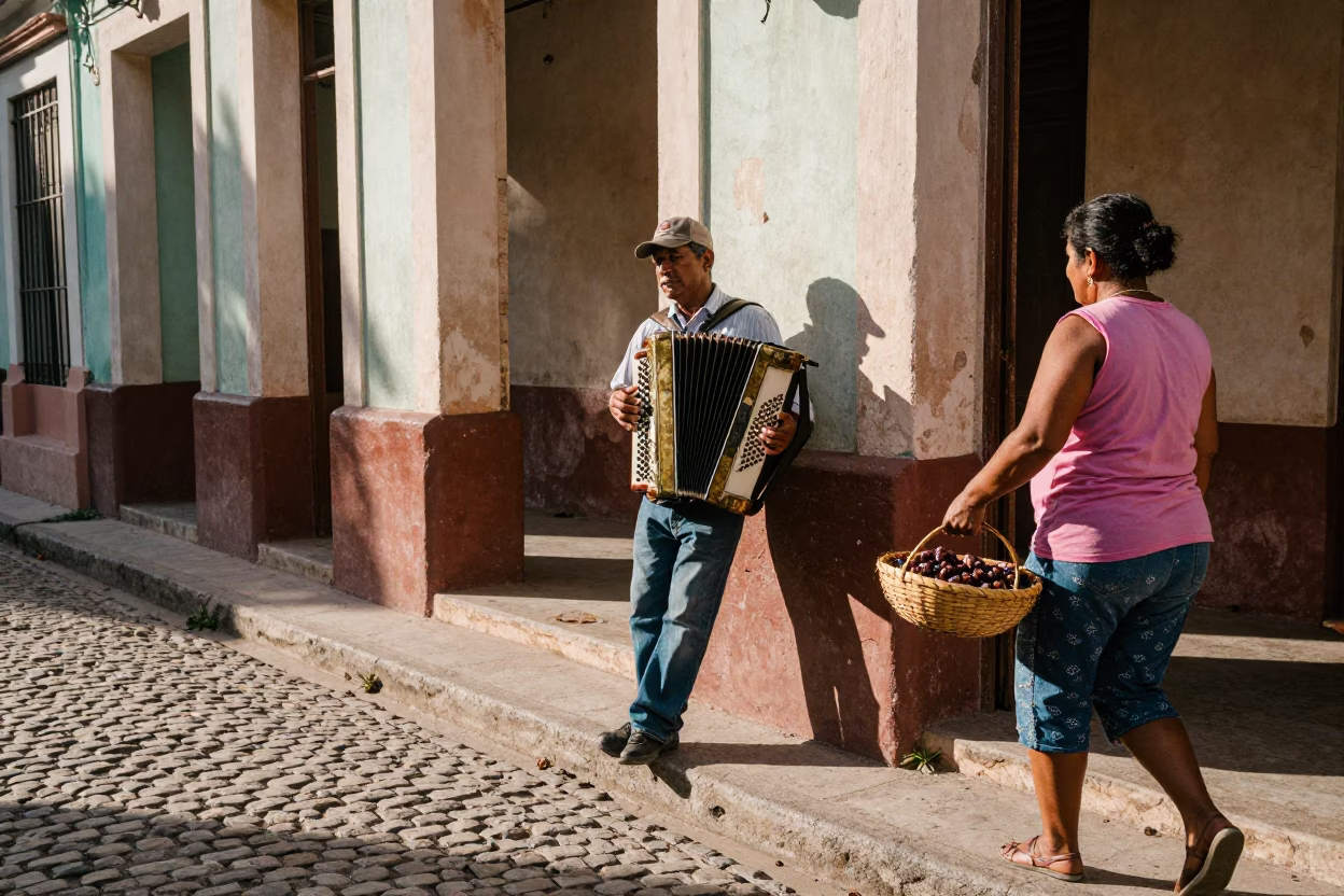 Vintage Havana Street Scene with Accordion Player and Local Details in Late Afternoon Light in in Havana, Cuba