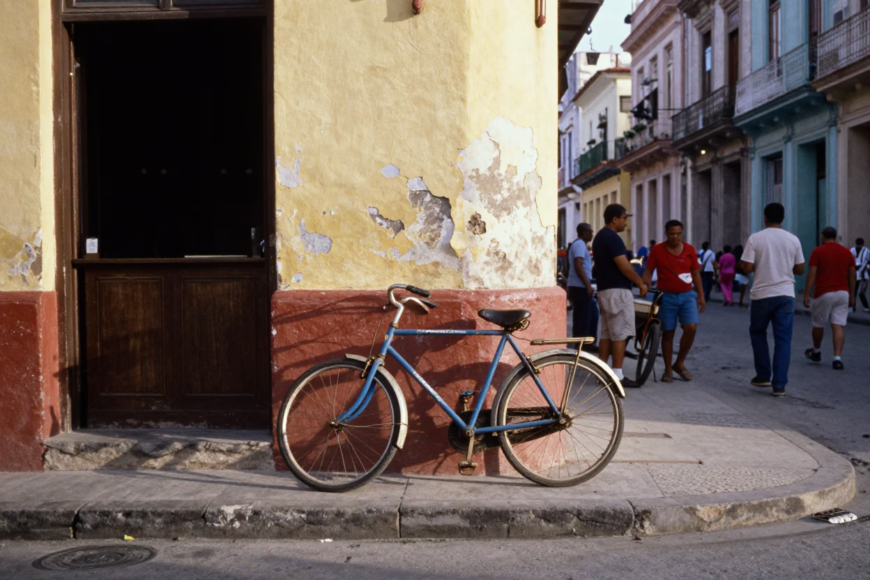 Vintage Havana Street Scene With Bicycle And Cafe Exterior In Early Afternoon Light in in Havana, Cuba