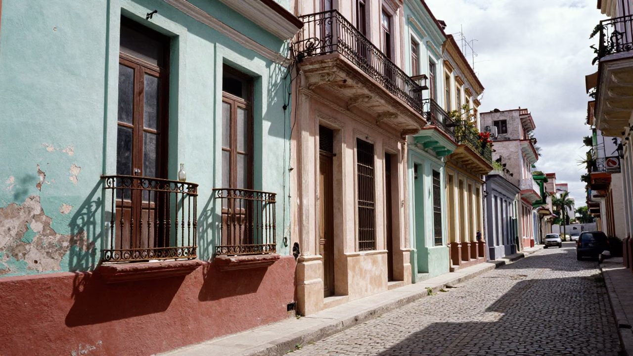 Vintage Havana Street Scene with Colorful Facades and Glass Bottle on Balcony Railing in in Havana, Cuba