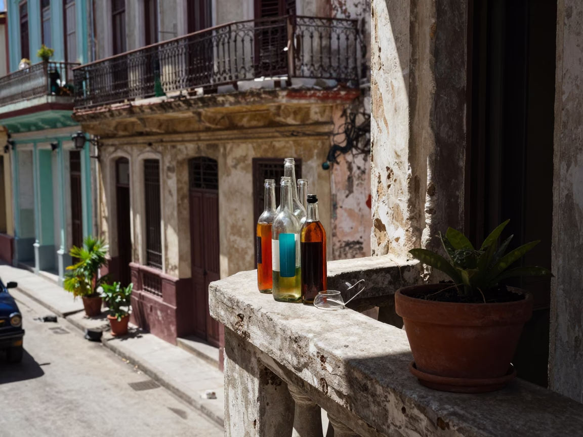 Vintage Havana Street Scene with Glass Bottles and Potted Geraniums Under Midday Sun in in Havana, Cuba