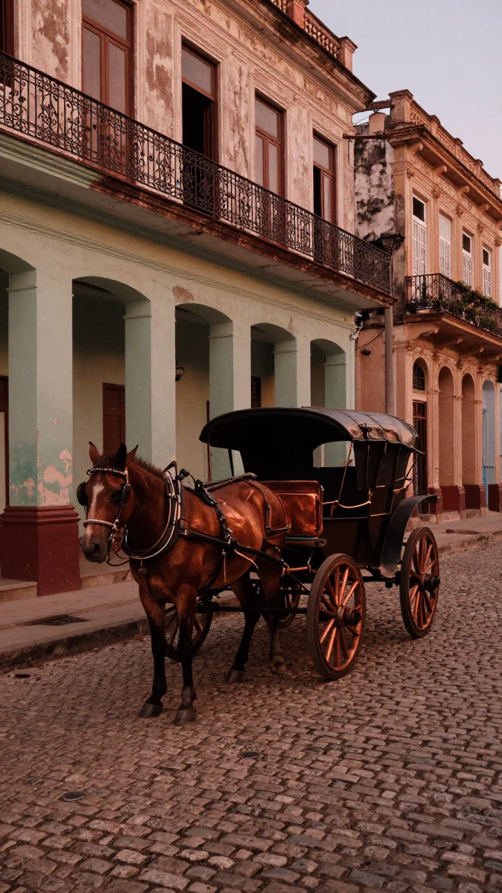 Vintage Havana Street Scene with Horse-Drawn Cart in Copper Dusk Light in in Havana, Cuba