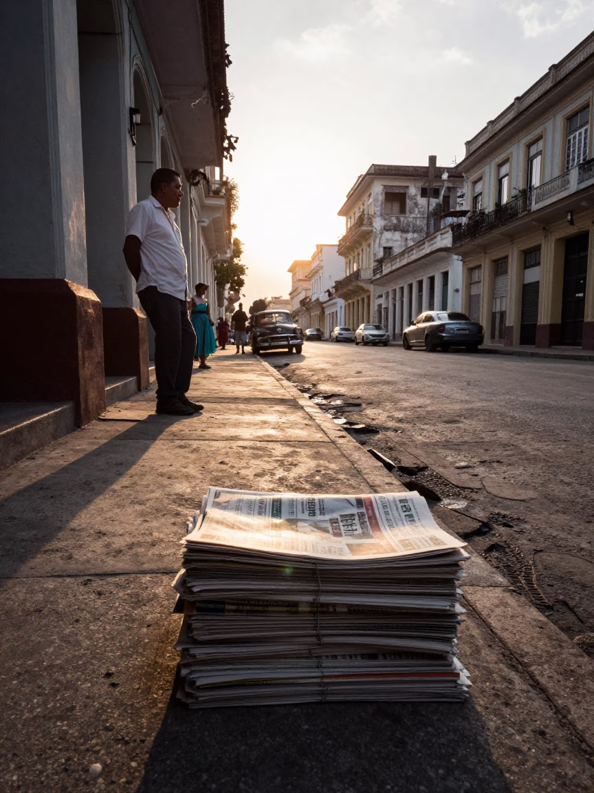 Vintage Havana Street Scene with Newspaper Stack and Local Market Activity in in Havana, Cuba