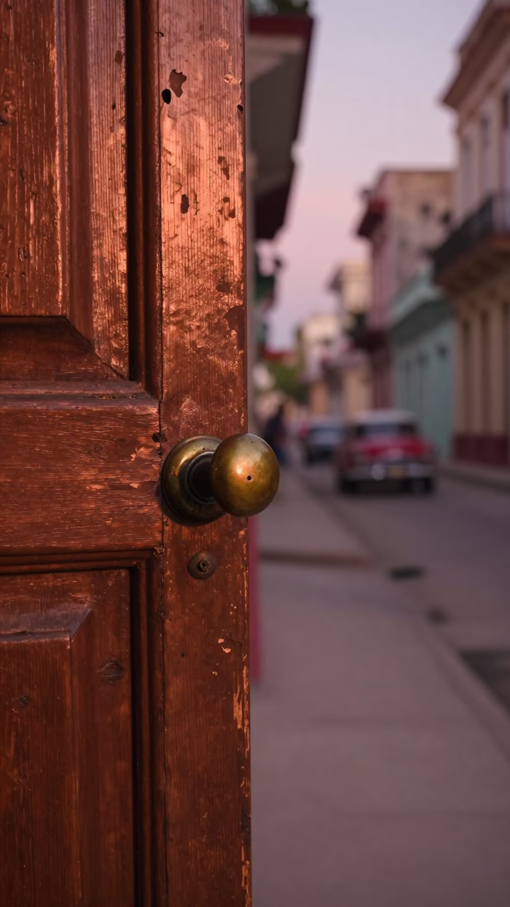Vintage Havana Street Scene with Peeling Paint and Copper Dusk Light in in Havana, Cuba