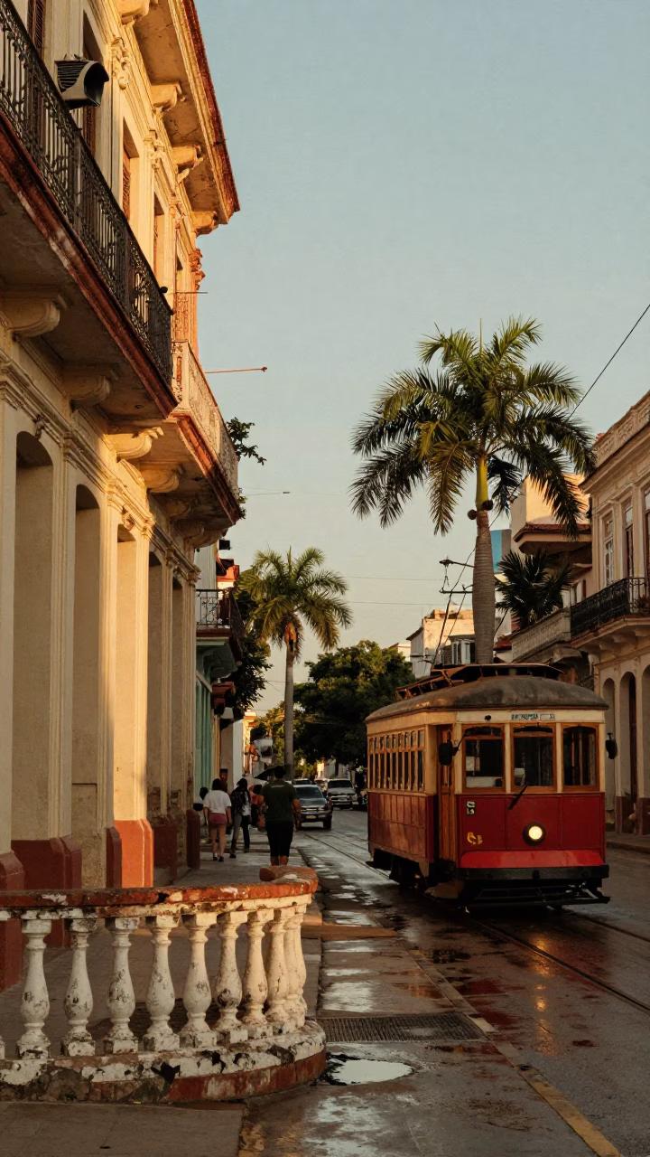 Vintage Havana Street Scene with Tram and Palmiers at Golden Hour in in Havana, Cuba