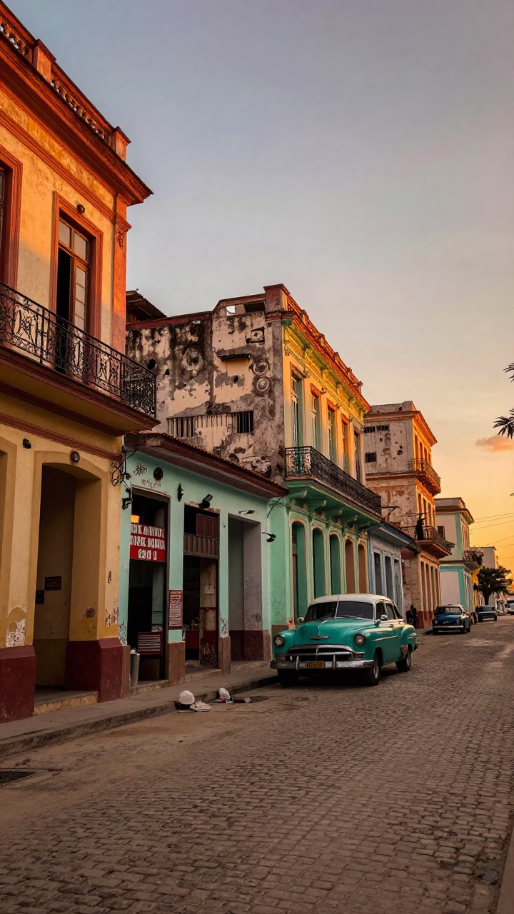 Vintage Havana Sunset Street Scene with Colorful Colonial Architecture and Local Life in in Havana, Cuba