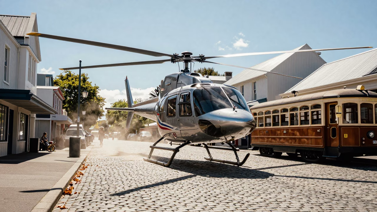 Vintage Helicopter and Heritage Tram on Christchurch Cobblestone Street Midday in in Christchurch, New Zealand
