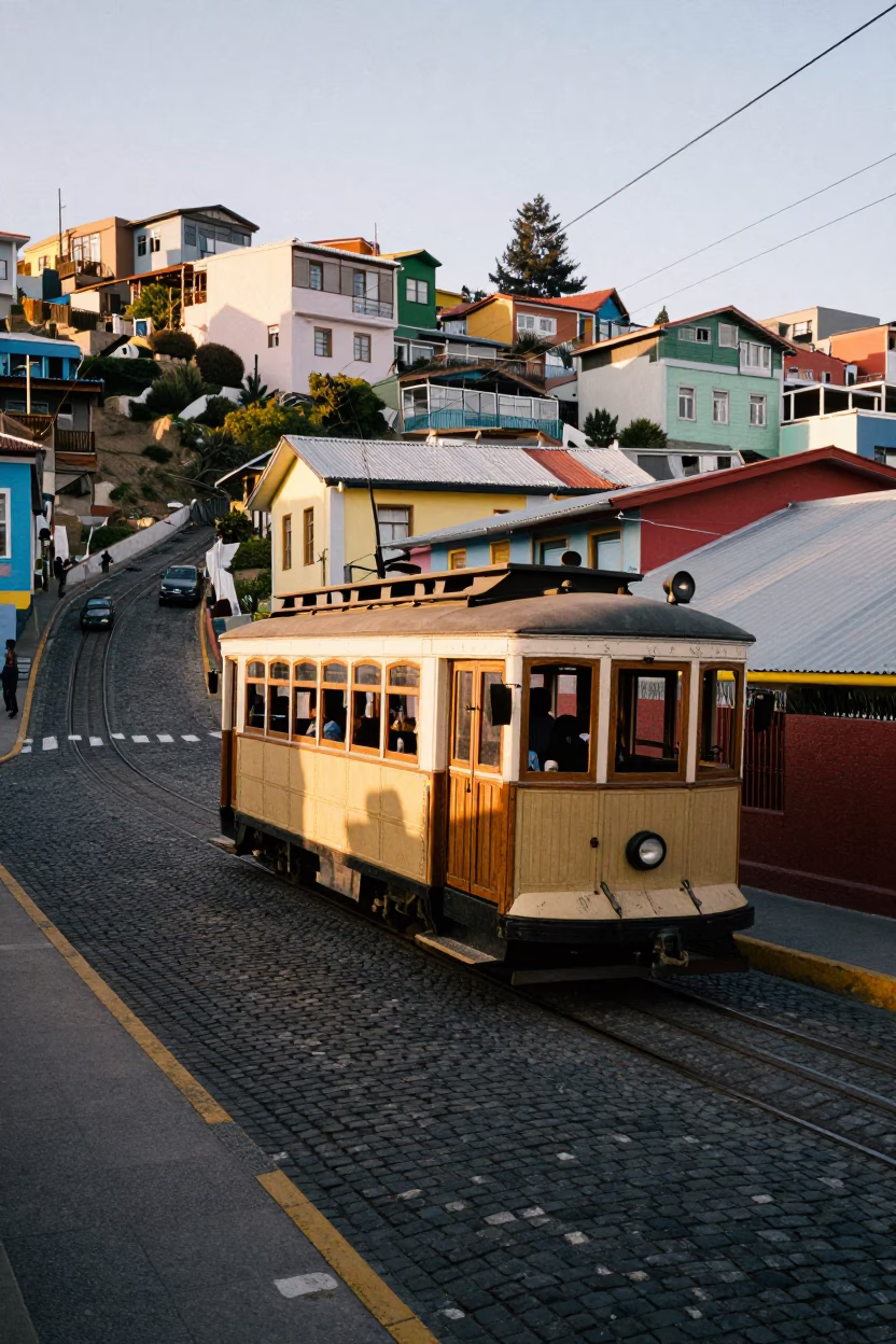 Vintage Heritage Tram Moving Through Cobblestone Streets at Dawn in Valparaiso Chile in in Valparaiso, Chile