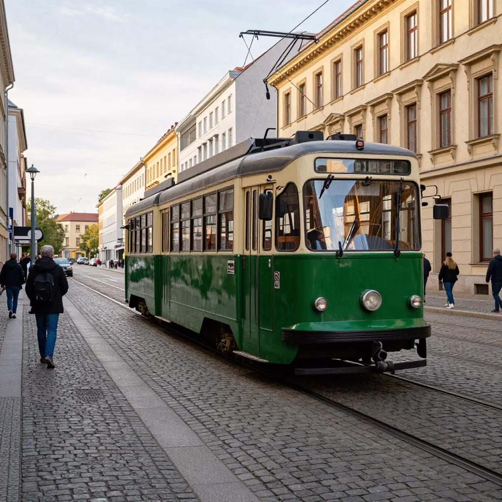 Vintage Heritage Tram Navigating Cobblestone Street in Berlin Germany Early Afternoon Light in in Berlin, Germany