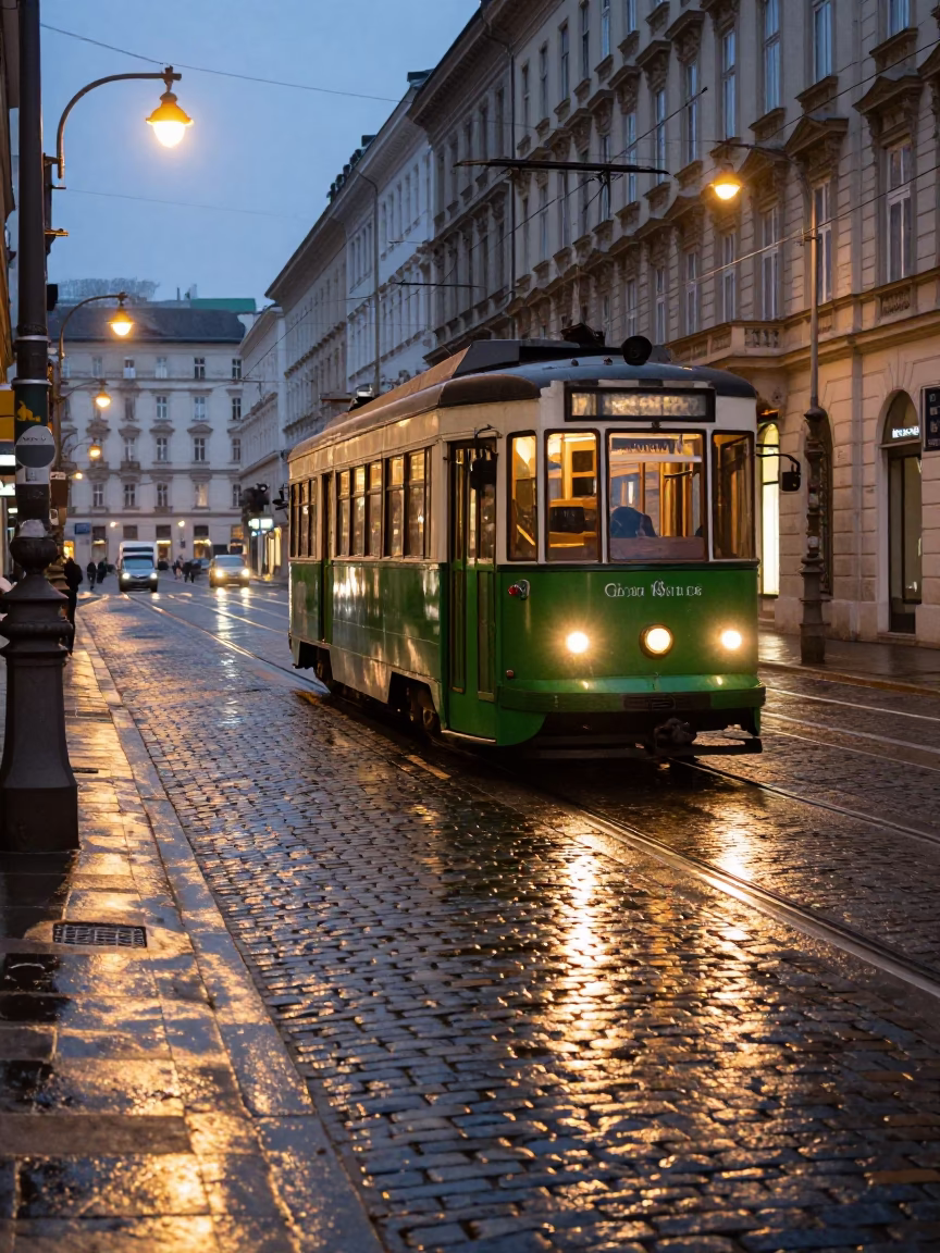 Vintage Heritage Tram on Cobblestone Avenue Before Dawn in Vienna in in Vienna, Austria