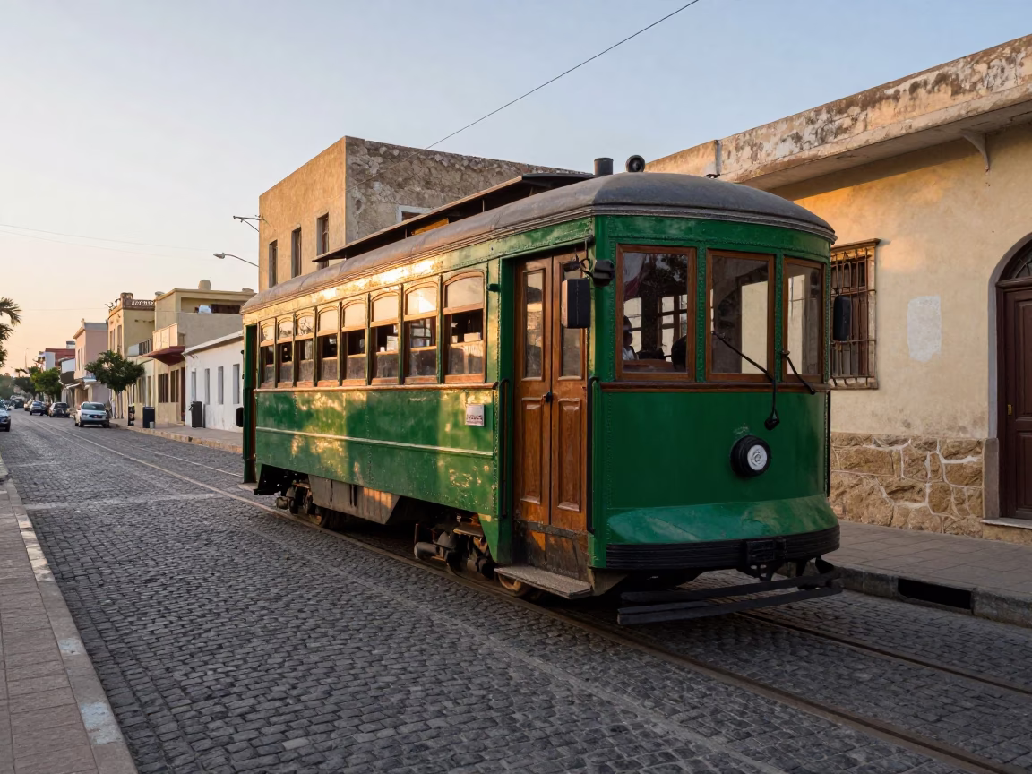 Vintage Heritage Tram on Cobblestone Avenue in Alexandria Egypt Just After Sunrise in in Alexandria, Egypt