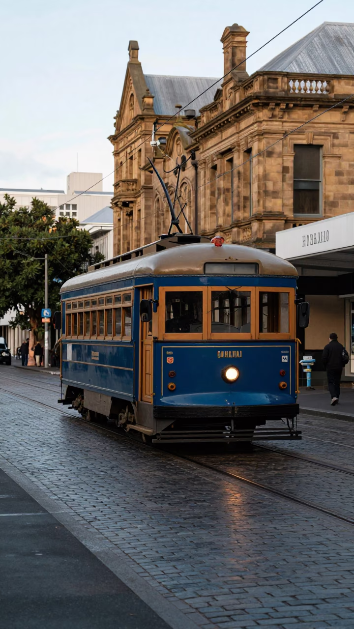 Vintage heritage tram on cobblestone avenue in early morning Auckland New Zealand in in Auckland, New Zealand